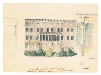 A design for a new stairwell for the North façade of the Schloss at Stettin, with a subsidiary study of the loggia, a cross-section of the façade, and an engaged pilaster, c.1840 by Karl Friedrich Schinkel