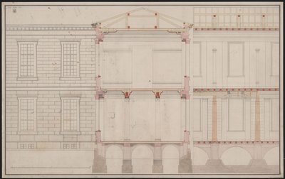 Berlin. Academy Building Unter den Linden. Partial Elevation of the Facade, Partial Longitudinal Section Detail and Cross Section by Karl Friedrich Schinkel