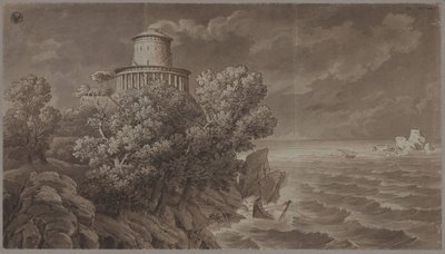 Rocky Seacoast with a Classical-Style Lighthouse in Rough Seas by Karl Friedrich Schinkel