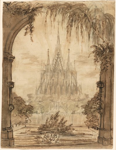 Gothic Cathedral Behind a Pond with Swans by Karl Friedrich Schinkel