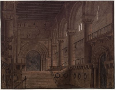 King Yngurd. Tragedy by Adolf Müllner. Design for the 5th Decoration. Hall in the Tower with the Gate of Death by Karl Friedrich Schinkel