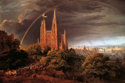 Medieval city on banks of river by Karl Friedrich Schinkel