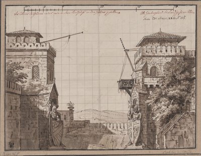 Ratibor and Wanda. Play by Jakob Andreas Konrad Levezow. Design for the 3rd Decoration. Castle with View of Mountains by Karl Friedrich Schinkel