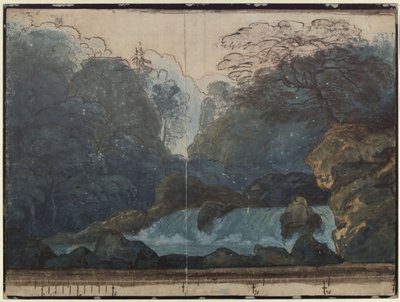 Undine. Opera by E. T. A. Hoffmann. Design of the 2nd Decoration. Forest with Waterfall by Karl Friedrich Schinkel