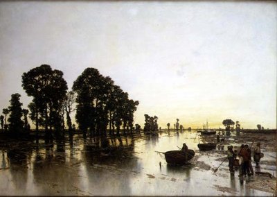 An Extensive Flooded Landscape with Peasants by Karl Heffner