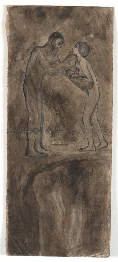 Composition sketch, nude man and woman with child. At the bottom, upside down, nude figure by Karl Isakson