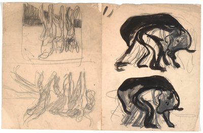 Left: Two Composition Sketches with a Bent Person under a Bear-like Animal. Right: Two Composition Sketches with Several Figures by Karl Isakson