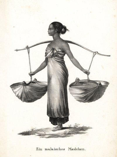 Malay girl with hair tied up carrying sneakers from a yoke. Lithograph from Heinrich Rudolf Schinz
