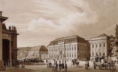 Unter den Linden, Berlin. A View from the Neue Wache towards the Kronprinzenpalais with the Prinzessinenpalais to the Right and the Kommandatur to the Left by Karl Loeillot Hartwig