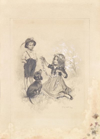 Two Children Playing on a Meadow with Flowers and a Dachshund by Karl Ludwig Prinz