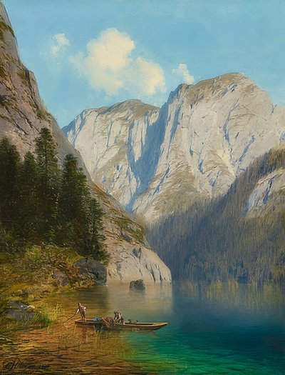 Fishermen in a Boat on the Shore of a Mountain Lake. 1882 by Karl Millner