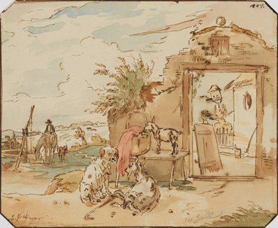 Rural Idyll, Farmhouse with Goats, Dog, Horse at Draw Well by Karl Pischinger