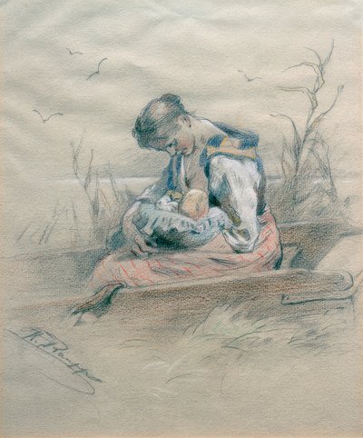 Nursing Woman in a Boat on the Shore of Lake Chiemsee by Karl Raupp