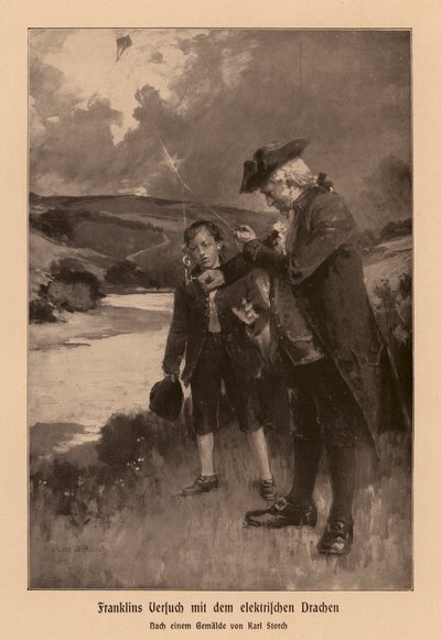 Benjamin Franklin investigating lightning (lithograph) by Karl Storch