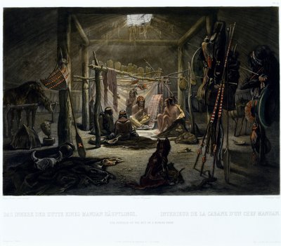 The Interior of the Hut of a Mandan Chief, engraved by Narcisse Edmond Desmadryl, c.1835 by Karl after Bodmer