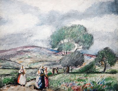 Stormy Landscape with Blue and Red Figures, 1940 by Karoly Kotasz