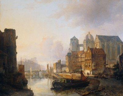 Imaginary View of a Riverside Town with Aachen Cathedral by Kasparus Karsen (signed by artist)