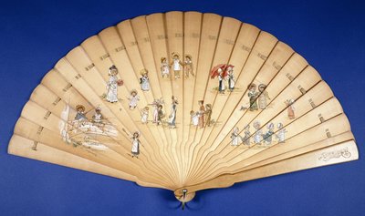 A Large Wooden Brise Fan Painted in Colours with Groups of Children at Various Pursuits by Kate Greenaway