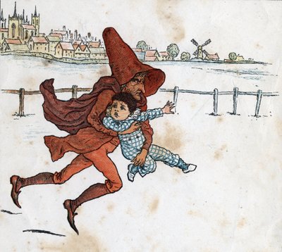 A leprechaun takes a small child. Illustration by Kate Greenaway from the children