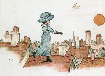 A little girl walking on the roofs of a city in the early morning towards the sun. Illustration by Kate Greenaway (1846-1901) from the book of tales and nursery rhymes for children 