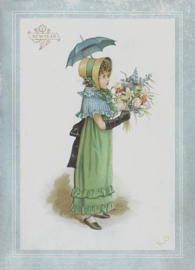 Girl in Green Dress, Holding Parasol and a Bouquet of Flowers by Kate Greenaway