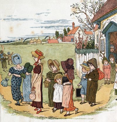 Out of school. Illustration by Kate Greenaway (1846-1901) from the book of tales and nursery rhymes for children "Under The Window" (1879), edited by Edmund Evans by Kate Greenaway