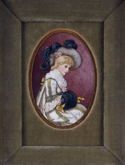 Oval portrait of a blonde girl wearing a plumed hat with her hands inside her muff by Kate Greenaway