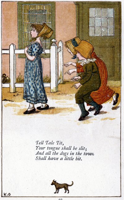 Tell tale tit: Illustration by Kate Greenaway for a book of nursery rhymes by Kate Greenaway