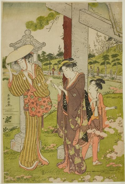 Picking Flowers at Kumano Junisha Shrine in Tsunohazu by Katsukawa Shuncho