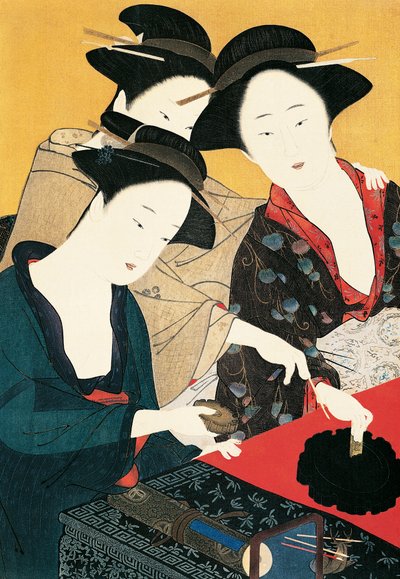 Three women around ink fountain by Katsukawa Shuncho