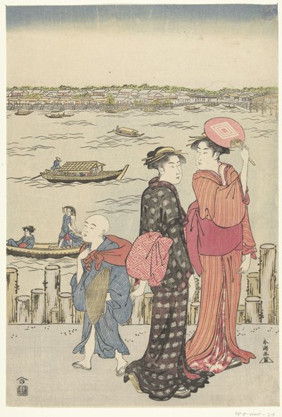 Two Women and a Boy on the Quay by a River by Katsukawa Shuncho