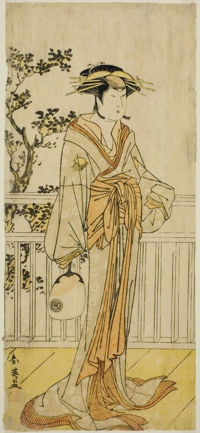The Actor Iwai Hanshiro IV as Okumi of the Mieido Fan Shop in the Play Sanjuk-koku Yobune no Hajimari, Performed at the Ichimura Theater in the Fifth Month, 1789 by Katsukawa Shun