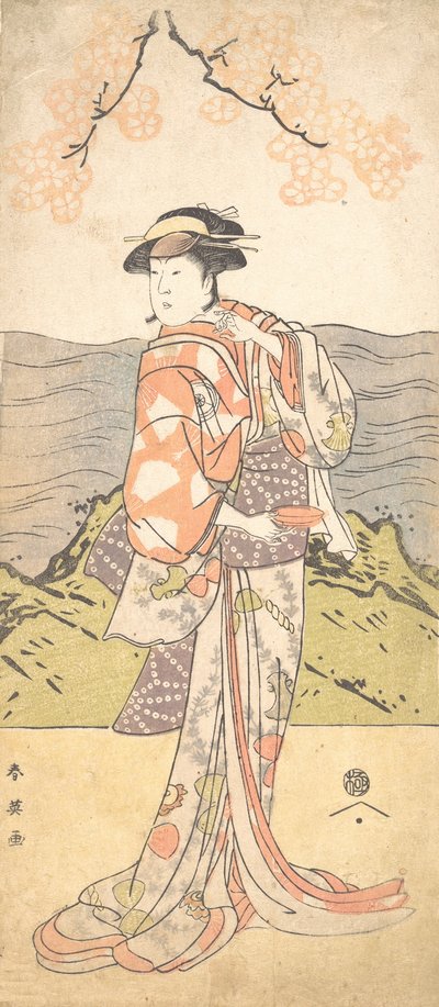 The Fourth Iwai Hanshiro as a Woman Standing Beneath a Cherry Tree by Katsukawa Shun