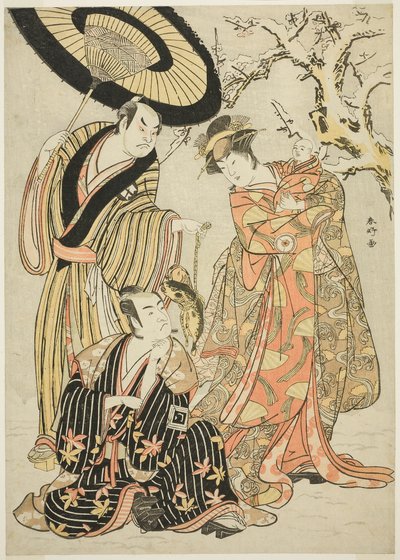 Actors Iwai Hanshirō IV, Ichikawa Monnosuke II, and Sakata Hangorō III, in “Snowflakes: Raising the Standard at Izu” by Katsukawa Shunkо̄