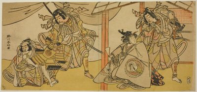 Right-Hand Page: The Actors Bando Hikosaburo III as Soga no Goro, and Segawa Kikunojo IV as Onna Asahina, in the Play Ume-goyomi Akebono Soga; Left-hand Sheet: The Actors Onoe Matsusuke I as Furugori Shinzaemon, and Ichikawa Danjuro V by Katsukawa Shunkо̄