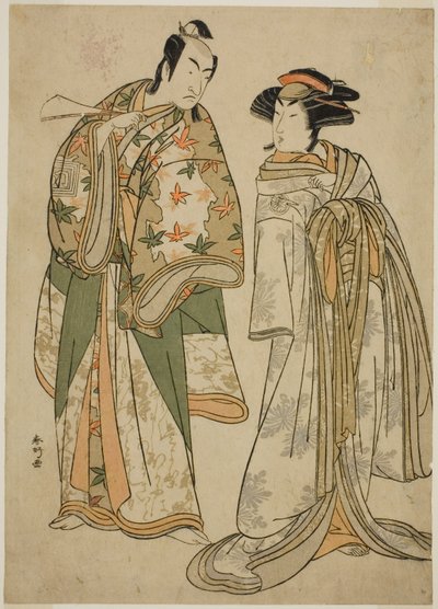 The Actors Segawa Kikunojo III as the Courtesan Sumizome (right), and Ichikawa Monnosuke II as Goinosuke Yoshimine (left), in the Play Juni-hitoe Komachi-zakura, Performed at the Kiri Theater in the Eleventh Month, 1784 by Katsukawa Shunkо̄