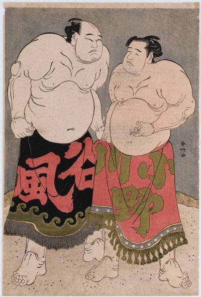 Full-length portraits of the wrestlers Onogawa Kisaburo and Tanizake Kajinosuke by Katsukawa Shunko