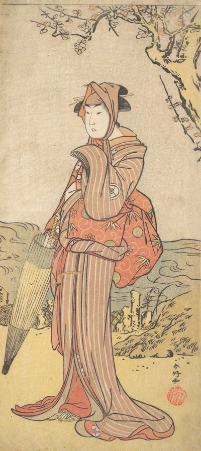 Iwai Kiyotaro as a Woman Standing under a Plum Tree by Katsukawa Shunko