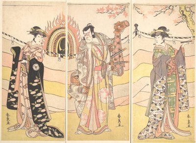 Three Actors in Beautiful Costumes Performing a Religious Dance by Katsukawa Shunsen