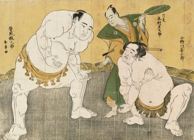 Onagawa Kisaburo and Tanikaze Kajinosuke Performing the Shiriki in the Dohyo, Refereed by Kimura Shonosuke by Katsukawa Shunsho
