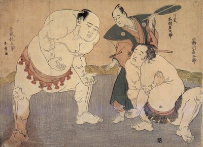 Onagawa Kisaburo and Tanikaze Kajinosuke Performing the Shiriki in the Dohyo, Refereed by Kimura Shonosuke by Katsukawa Shunsho