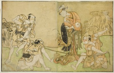 The Actors Bando Zenji I as Nagahashi Saburo, Iwai Hanshiro IV as Otatsu-gitsune, Nakamura Konozo as Hagai Ujitsune, and an Unidentified Actor (right to left), in the Play Nue no Mori Ichiyo no Mato, Performed at the Nakamura Theater in the Eleventh Month by Katsukawa Shunsho