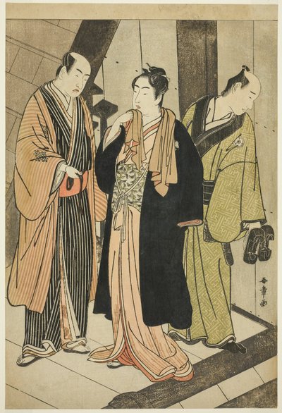 The Actors Ichikawa Monnosuke II (left), Iwai Hanshiro IV (center), and Iwai Karumo (?) (right), on a Landing Backstage by Katsukawa Shunsho