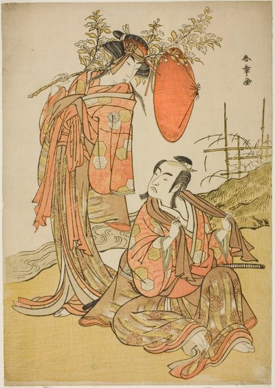 The Actors Ichikawa Monnosuke II and Segawa Kikunojo III as the Lovers Seijuro (right) and Onatsu (left), in the Elopement Scene "Michiyuki Hiyoku no Kiku-cho" (An Elopement: Chrysanthemum-and-Butterfly Lovebirds), a Dance Interlude from Part Two of the Pl by Katsukawa Shunsho