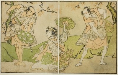 The Actors Ichikawa Somegoro, Segawa Kikunojo II, and Bando Sampachi in Unidentified Roles in the Play Myoto-giku Izu no Kisewata, Performed at the Ichimura Theater in the Eleventh Month, 1770 by Katsukawa Shunsho
