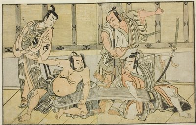 The Actors Ichikawa Yaozo II as Kujaku no Saburo, Matsumoto Koshiro II as Hata no Daizen Taketora, Nakajima Mihoemon II as Aramaki Mimishiro, and Nakamura Shocho I as Ki no Tsurayuki, in the Play Kuni no Hana Ono no Itsumoji, Performed at the Nakamura-za by Katsukawa Shunsho
