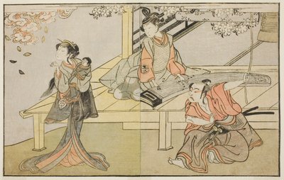 The Actors Ichikawa Yaozo II as Yoshimine no Munesada (right), Yoshizawa Sakinosuke III as Shizuya (center), and Nakamura Matsue I as Sakuragi (left), in the Play Kuni no Hana Ono no Itsumoji, Performed at the Nakamura Theater in the Eleventh Month, 1771 by Katsukawa Shunsho