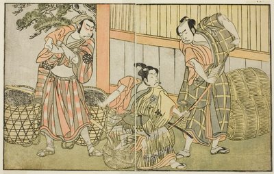 The Actors Kasaya Matakuro II as Hagun Taro, Ichikawa Monnosuke II as Izutsu no Suke Narihira, and Nakamura Nakazo I as Kose no Kanaoka Disguised as Sogoro the Charcoal Maker, in the Play Kuni no Hana Ono no Itsumoji, Performed at the Naka by Katsukawa Shunsho
