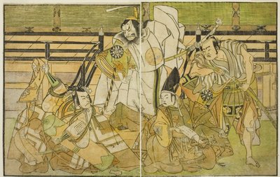 The Actors Nakamura Denkuro II as Seno-o Taro, Ichikawa Komazo II as Yorimasa, Nakamura Nakazo I as Taira no Kiyomori, and Ichikawa Danjuro V as Kiou Takiguchi (right to left), in the Play Nue no Mori Ichiyo no Mato, Performed at the Nakamura Theater by Katsukawa Shunsho