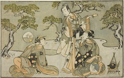 The Actors Nakamura Nakazo I as Matsukaze, Ichikawa Komazo II as Ariwara no Yukihira, and Iwai Hanshiro IV as Murasame, in the Play Kuni no Hana Ono no Itsumoji, Performed at the Nakamura Theater in the Eleventh Month, 1771 by Katsukawa Shunsho